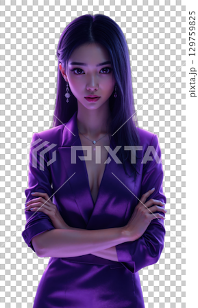 A visionary Asian female CEO in violet and silver, arms folded, surrounded by translucent phoenix wings forming user ratings, symbolizing 129759825