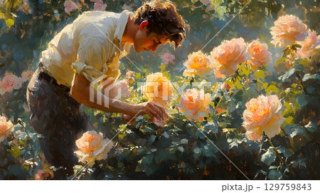 Man tending to pastel peach roses in the garden 129759843