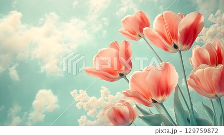 Delicate Pink Tulips against Pastel Sky 129759872