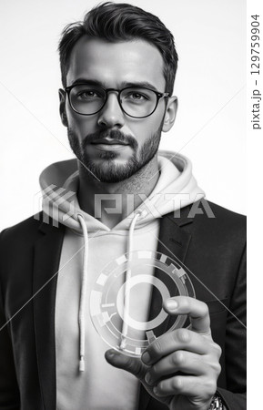 White Tech Founder Holding a Gear Icon White man, 20s, hoodie and suit jacket, holding semi- gear symbol, isolated 129759904