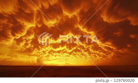 Golden Mammatus Clouds Forming Over Flat Landscape 129760020