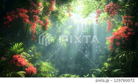 Sunlight Rays Through Rainforest Canopy with Red Flowers 129760072