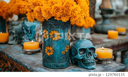 Day of the Dead Altar with Marigolds and Skulls 129760135