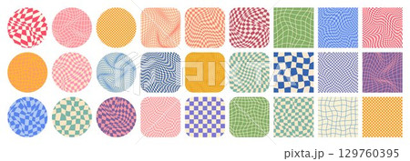 Groovy checkered pattern, colorful tiled grid. Vintage wavy curved backdrop, distortion effect. Funky geometric chessboard texture, retro background in 90s style, y2k. Vector illustration 129760395