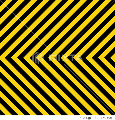 Warning sign with yellow and black diagonal lines. Attention, danger or caution symbol. Construction site signage, road safety notice, hazard banner, security alert shield. Vector illustration 129760396