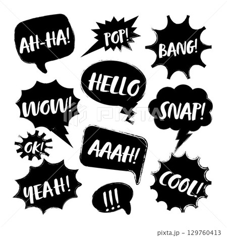 Grunge comic speech bubbles with handwritten text, brush strokes, ink smudges, acrylic stains or charcoal streaks. Hand drawn retro cartoon stickers. Chatting, message box. Vector illustration Grunge comic speech bubbles with handwritten text, brush strokes, ink smudges, acrylic stains or charcoal streaks. Hand drawn retro cartoon stickers. Chatting, message box. Vector illustration 129760413