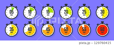 Stopwatch icons. Colorful simple chronometer, time counter with dial. Countdown timer showing hours and minutes. Deadline, measurement for sport. Cooking time label, sticker. Vector illustration 129760415
