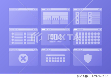 Web browser window, transparent pages layout with toolbar and search field. Modern website, internet page. Browser mockup for computer, tablet and smartphone. Adaptive UI. Vector illustration Web browser window, transparent pages layout with toolbar and search field. Modern website, internet page. Browser mockup for computer, tablet and smartphone. Adaptive UI. Vector illustration 129760422
