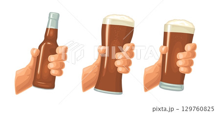 Hand holding beer glass and bottle. Vector icon Hand holding beer glass and bottle. Vector icon 129760825