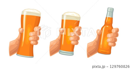 Hand holding beer glass and bottle. Vector icon Hand holding beer glass and bottle. Vector icon 129760826