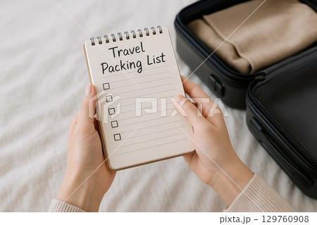 Preparing a simple travel packing list with an open suitcase for stress-free vacation organization. concept of planning, efficient travel, luggage preparation 129760908