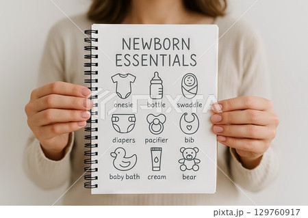 Newborn essentials illustrated guide held by woman featuring onesie, bottle, swaddle, diapers, pacifier, bib, baby bath, cream, bear. concept of baby care, parenting, infant needs 129760917