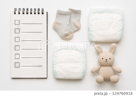 Notepad socks diapers and toy bunny on white background. concept of baby checklist, parenting essentials, infant care, newborn preparation 129760918