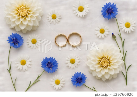 Elegant composition with august flowers and wedding rings on white background. concept of marriage, floral decor, romantic symbol 129760920