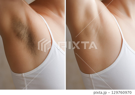Laser hair removal before and after on woman's armpit. concept of beauty, hair removal, skincare treatment, smooth skin 129760970
