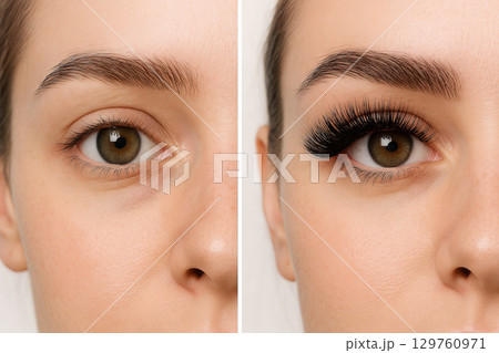 Close up of female eye showing before and after eyelash extensions with natural makeup. Concept of beauty transformation, cosmetic procedure, lash enhancement, aesthetic treatment, comparison 129760971