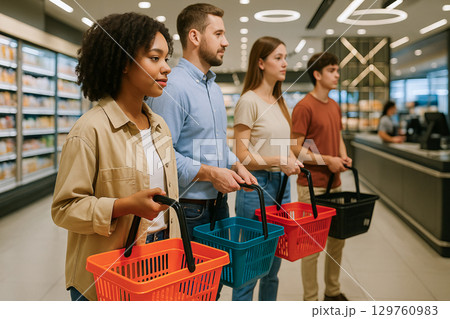 Diverse group of young adults shopping in supermarket aisle holding colorful baskets. concept of grocery shopping, diversity, everyday errands, consumer activity 129760983