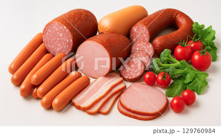 Assortment of various sausages and meats with fresh vegetables on white background. concept of delicious food, culinary variety, charcuterie ingredients 129760984