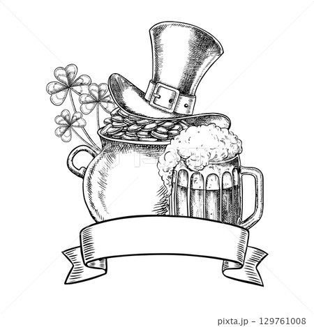 Composition for St. Patrick s Day. Cauldron with coins and a top hat, a shamrock, and beer. Hand-drawn black and white graphic illustration. For greeting cards, packaging, invitations, holiday decor. Composition for St. Patrick s Day. Cauldron with coins and a top hat, a shamrock, and beer. Hand-drawn black and white graphic illustration. For greeting cards, packaging, invitations, holiday decor. 129761008