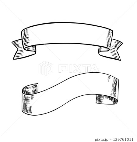 Label tape for an inscription. A vector black and white graphic illustration, hand-drawn on a white background. An element of design for labels, menus, packages, and posters. 129761011