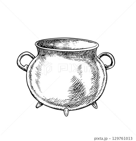 An empty cast-iron cauldron. A hand-drawn vector black-and-white graphic illustration. A conceptual design for St. Patrick s Day, Halloween, and more. For greeting cards, banners and flyers, packaging An empty cast-iron cauldron. A hand-drawn vector black-and-white graphic illustration. A conceptual design for St. Patrick s Day, Halloween, and more. For greeting cards, banners and flyers, packaging 129761013