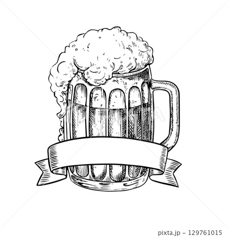 Beer glass mug with beer and foam and a ribbon for writing. Hand-drawn black and white graphic illustration. For menus, pubs or restaurants, labels, posters, packaging, and more. Beer glass mug with beer and foam and a ribbon for writing. Hand-drawn black and white graphic illustration. For menus, pubs or restaurants, labels, posters, packaging, and more. 129761015