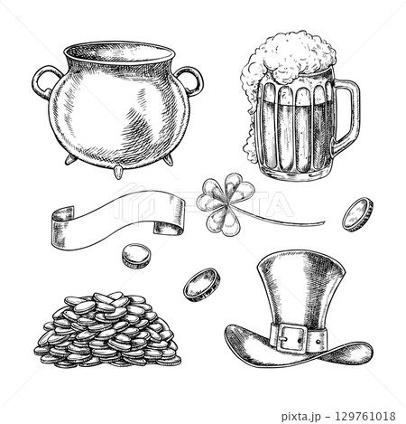 Set of illustrations for St. Patrick s Day. Cast-iron pot, clover, hat, coins, and beer. Hand-drawn black and white graphic illustration. For greeting card, packaging, invitations, holiday decor. Set of illustrations for St. Patrick s Day. Cast-iron pot, clover, hat, coins, and beer. Hand-drawn black and white graphic illustration. For greeting card, packaging, invitations, holiday decor. 129761018