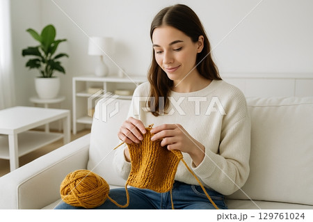 Woman knitting in a bright white room creating cozy garments with yellow yarn. concept of relaxing hobby, cozy home environment, mastery of craft, tranquil lifestyle 129761024