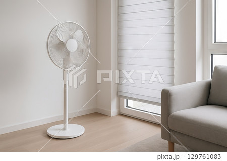 Modern floor fan in minimalist living room interior with simple decor and elegant style for contemporary home design 129761083