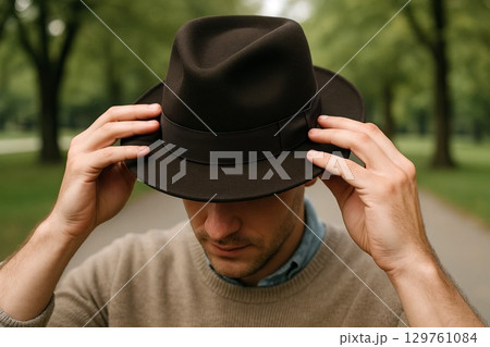 Young man adjusting stylish brown hat outdoors with hands on a park pathway. concept of men's fashion, outdoor style, casual attire. 129761084