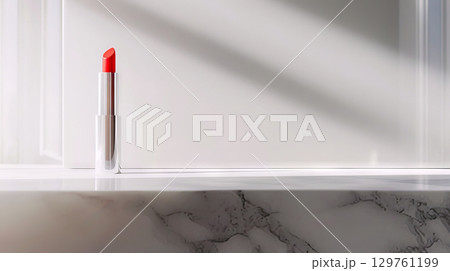 Bright Red Lipstick on Marble Counter under Soft Sunlight. Concept of Beauty, Elegance, Cosmetic Glamour, Stylish Makeup Items. Copy space 129761199