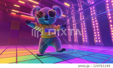 Groovy koala dancing on neon-lit floor in sunglasses and hoodie illustration. concept of party spirit, funky animal fun, nightlife vibes 129761289