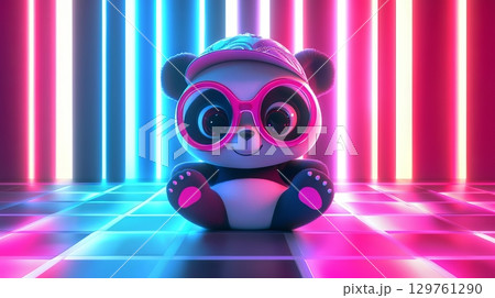Adorable panda wearing sunglasses in neon lit room illustration. concept of playful art, vibrant colors, modern animal design 129761290