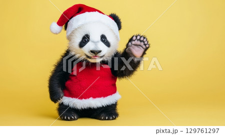 Baby panda wearing santa hat and sweater on yellow background. concept of festive holiday cheer, adorable animal, christmas celebration 129761297