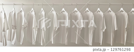 Row of neatly hung white t-shirts on hangers displayed against a plain background. concept of minimalism, organized wardrobe, clothing order 129761298