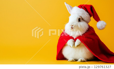 Festive white rabbit in a santa hat and red...のイラスト素材 [129761327] - PIXTA