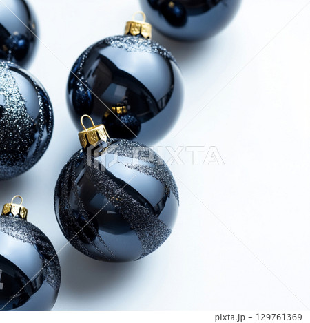 Black Christmas tree toys on white background. Clipart with balls for text . Wallpaper for design 129761369