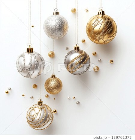 Gold Christmas tree toys on white background. Clipart with balls for text . Wallpaper for design Gold Christmas tree toys on white background. Clipart with balls for text . Wallpaper for design 129761373