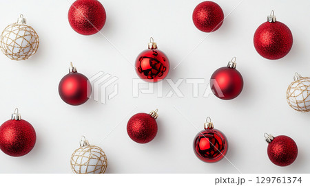 Red Christmas tree toys on white background. Clipart with balls for text . Wallpaper for design Red Christmas tree toys on white background. Clipart with balls for text . Wallpaper for design 129761374