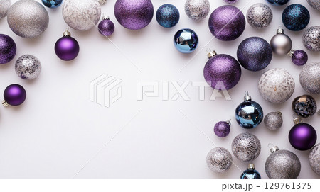 Purple Christmas tree toys on white background. Clipart with balls for text . Wallpaper for design Purple Christmas tree toys on white background. Clipart with balls for text . Wallpaper for design 129761375