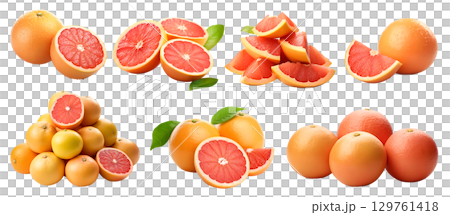 Grapefruit grapefruits citrus, many angles and view side top front sliced halved group cut isolated on transparent background cutout, PNG file. Mockup template for artwork graphic design 129761418