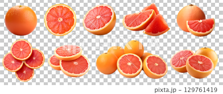 Grapefruit grapefruits citrus, many angles and view side top front sliced halved group cut isolated on transparent background cutout, PNG file. Mockup template for artwork graphic design 129761419
