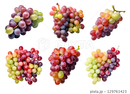 Green red purple mixed grapes grape, many angles and view side top front group bunch pile cut isolated on transparent background cutout, PNG file. Mockup template for artwork graphic design 129761423