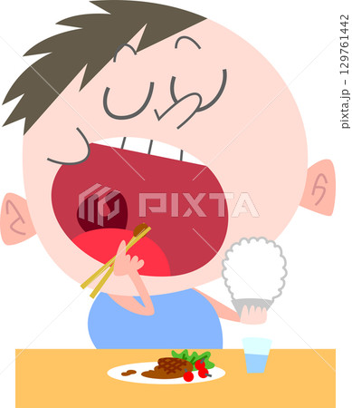 大きく口を開けて食べる太めの男の子主線なし 129761442
