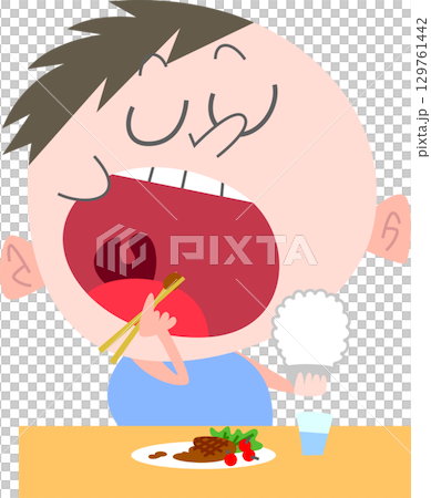 大きく口を開けて食べる太めの男の子主線なし 129761442
