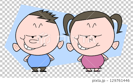 Chubby boy and girl grinning with their arms behind their backs 129761446
