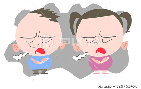 不満そうな表情でため息をつく太めの男の子女の子主線なし 129761458