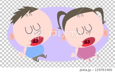 口を開けて座り込んでいる太めの女の子男の子主線なし 129761460