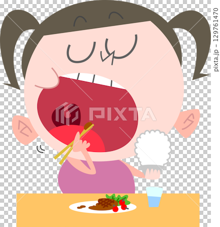 大きく口を開けて食べる太めの女の子主線なし 129761470
