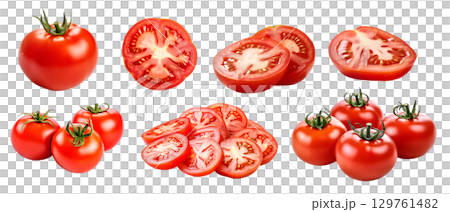 Red tomato tomatoes, many angles and view side top front sliced halved bunch cut isolated on transparent background cutout, PNG file. Mockup template for artwork graphic design Red tomato tomatoes, many angles and view side top front sliced halved bunch cut isolated on transparent background cutout, PNG file. Mockup template for artwork graphic design 129761482